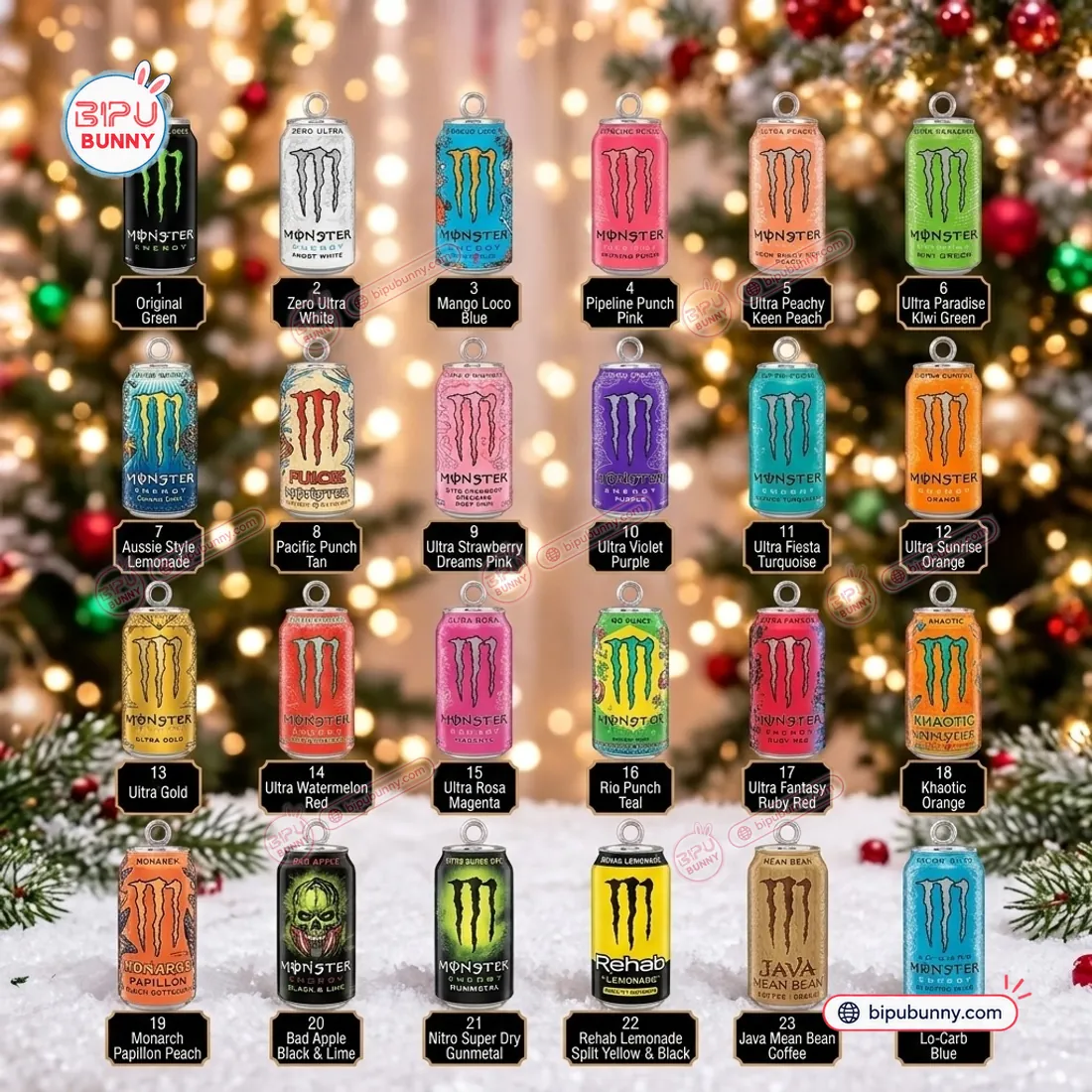 Monster Energy All Flavors Advent Calendar 2026 numbered lineup of 24 cylindrical miniature can ornaments