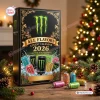 Front view of Monster Energy All Flavors Advent Calendar 2026 box with decorative gold filigree and small can ornaments.
