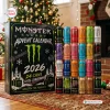 Front view of Monster Energy Drink Advent Calendar 2026 with twenty-four colorful cans arranged beside it.