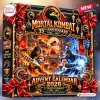 Front view of the Mortal Kombat 35th Anniversary Advent Calendar featuring character graphics and red bows.