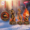 Front view of four hanging ornaments featuring the Mortal Kombat 35th Anniversary Advent Calendar theme.
