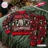 Front view of Motley Crue Red Christmas Holiday Sweater and Jogger Set displayed on a bed.