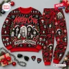 Front view of Motley Crue Red Christmas Holiday Sweater and Jogger Set with band portraits and festive motifs.