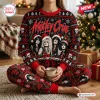 Front view of Motley Crue Red Christmas Holiday Sweater and Jogger Set in a festive room.