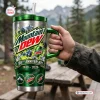 Hand holding a Mountain Dew 86th Anniversary Stainless Steel Handle Tumbler outdoors.