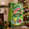 Front view of the Mountain Dew All Flavors Advent Calendar 2026 box with holiday decorations.