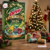 Front view of Mountain Dew All Flavors Advent Calendar 2026 box with soda cans on wooden table.