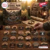 Top-down view of a National Park Adventure Advent Calendar box alongside twenty-four collectible outdoor badges.