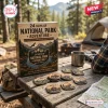 Front view of National Park Adventure Advent Calendar box on a picnic table with collectible patches.