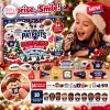 Girl in Santa hat smiling next to New England Patriots Dumpling Advent Calendar box and themed toys.