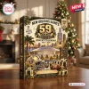 Angle view of the New Orleans Saints 59th Anniversary Advent Calendar on a wooden table near a decorated Christmas tree.