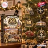 Front view of New Orleans Saints 59th Anniversary Advent Calendar box next to a decorated Christmas tree with themed ornaments.