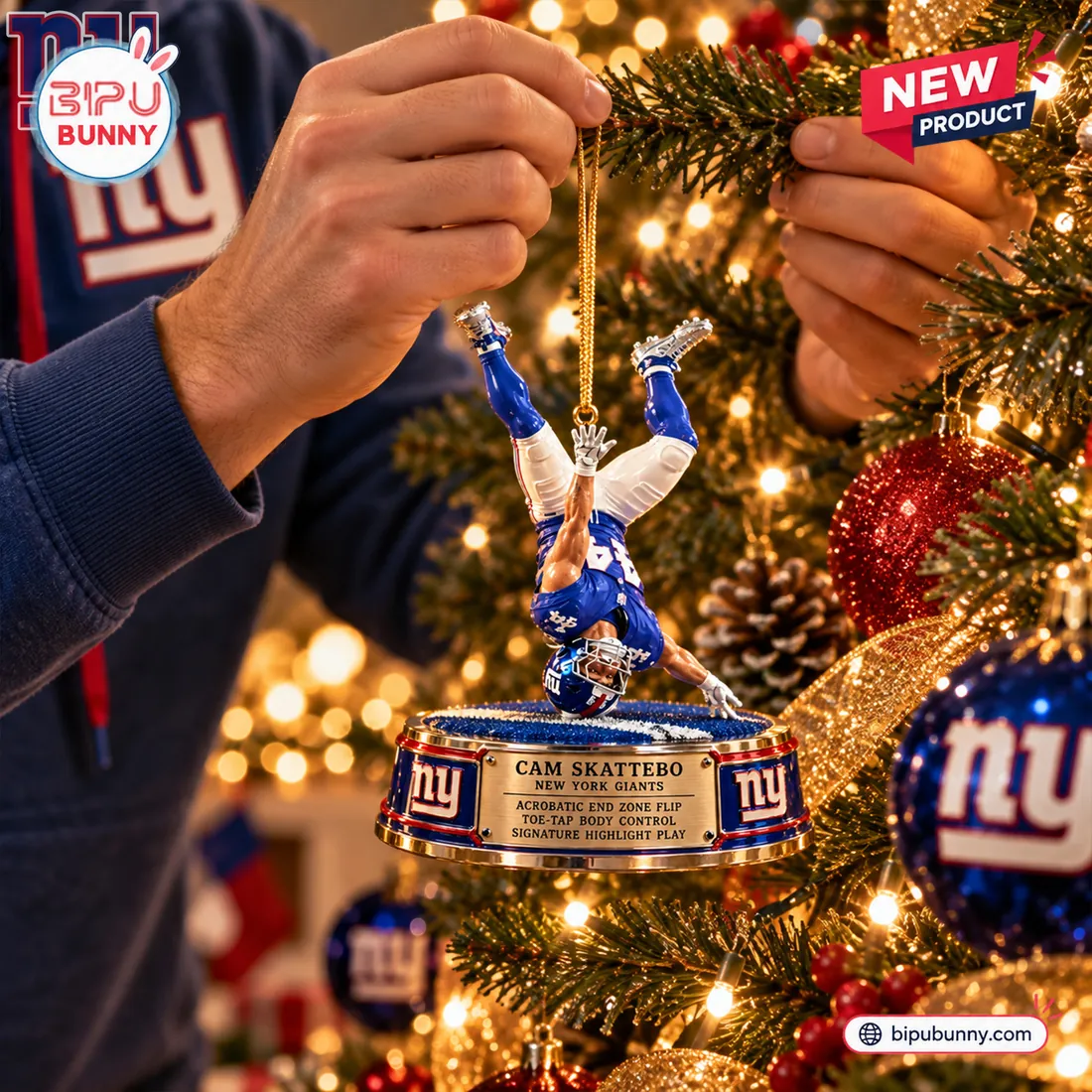 New York Giants Cam Skattebo holiday ornament hanging on evergreen bough