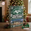 Front view of a New York Jets advent calendar box on a wooden table with holiday decor.