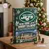 Front view of New York Jets Advent Calendar box on a wooden table with tiny figurines and a Christmas tree background.