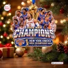 Front view of New York Knicks 2026 NBA Champions Christmas ornament with players and trophy graphic.