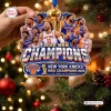 Close-up of a New York Knicks 2026 NBA Champions Christmas Ornament hanging near a tree.
