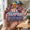Hand holding a New York Knicks 2026 NBA Champions Christmas ornament with player portraits and a trophy.