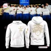 Front and back views of New York Knicks 2026 NBA Champions White Hoodie with gold graphics.