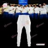 Front view of white sweatpants featuring gold basketball team graphics and text.