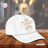 Front view of a white cap with gold basketball graphics.