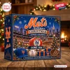 Front view of New York Mets Baseball Christmas Advent Calendar box on a wooden table.