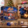Front view of New York Mets Baseball Christmas Advent Calendar with ornaments on a wooden table.