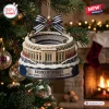 Hanging New York Yankees 125th Anniversary Ballpark Christmas Ornament on pine branch with ribbon.
