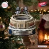 Front view of a ballpark Christmas ornament featuring Bronx Bombers 125th anniversary text hanging on a tree branch.