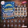 Front view of an NFL Los Angeles Chargers advent calendar box alongside twenty-four mini figurines.