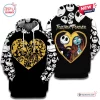 Front and back view of the Nightmare Before Christmas Together Forever Hoodie with skull patterns and a gold heart graphic.