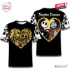 Front and back view of a black t-shirt featuring a gold glitter heart design and character graphics.