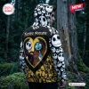 Back view of the Together Forever hoodie featuring an all-over skull print and a gold heart graphic in a forest.