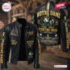 Front and back views of a black Notre Dame Fighting Irish Football leather jacket with team graphics and gold text.