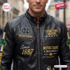 Close-up front view of a Notre Dame Fighting Irish Football Leather Jacket with team graphics and embroidery.