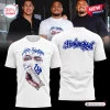 Front and back views of a white t-shirt featuring blue script graphics and a face illustration with a hand covering the mouth.