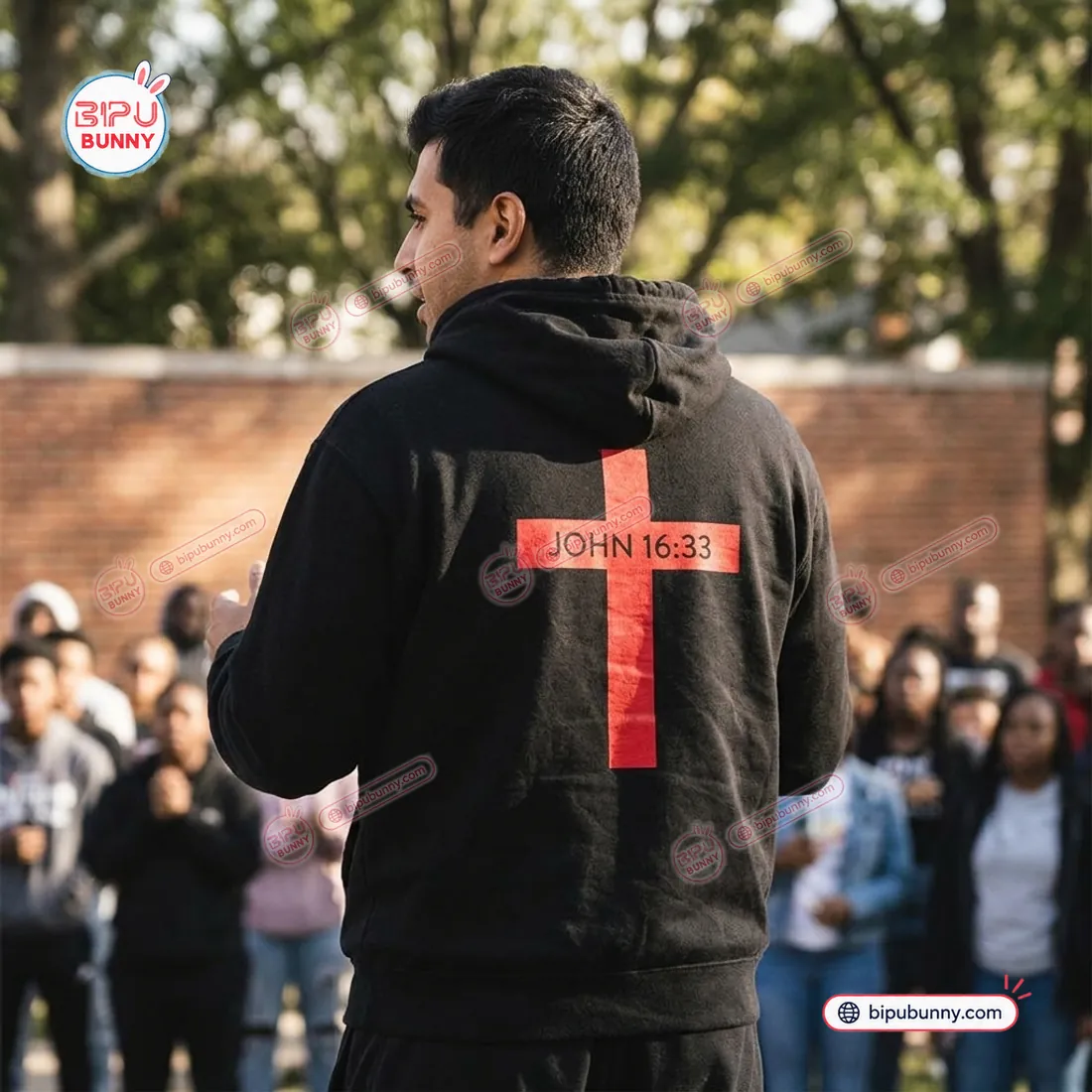 Rear view of the Ohio State Buckeyes Jesus Won Black Hoodie displaying the scarlet red cross with John 16:33