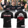 Front and back view of the Ohio State Buckeyes Jesus Won black shirt featuring red and white graphics.