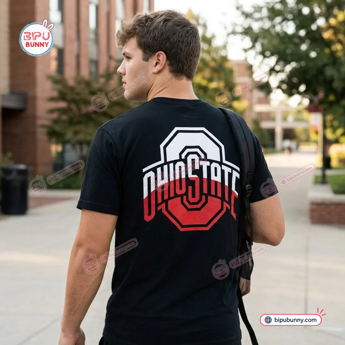 Back view of the Ohio State Buckeyes Jesus Won Black Shirt showing the white and scarlet split Block O emblem