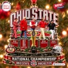 Front view of an Ohio State Buckeyes National Champions Christmas ornament featuring coaches and a trophy.