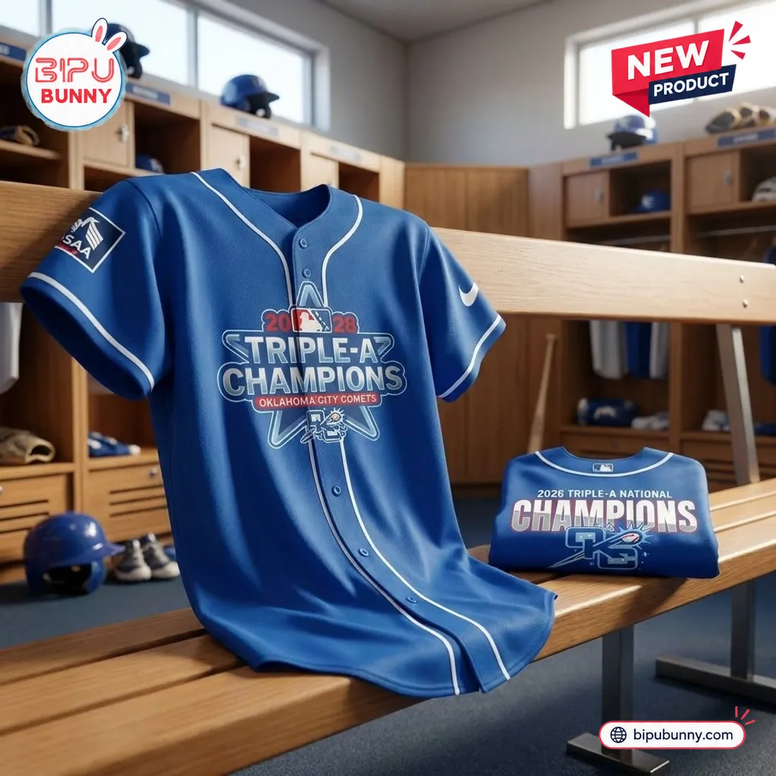 Front view of the Oklahoma City Comets 2026 blue baseball jersey displayed on a wooden bench in a locker room.