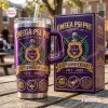 Omega Psi Phi 115th Anniversary Purple Handle Tumbler with matching box on a wooden table.