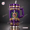 Front view of an Omega Psi Phi 115th Anniversary Purple Handle Tumbler featuring a gold crest and helmet emblem.