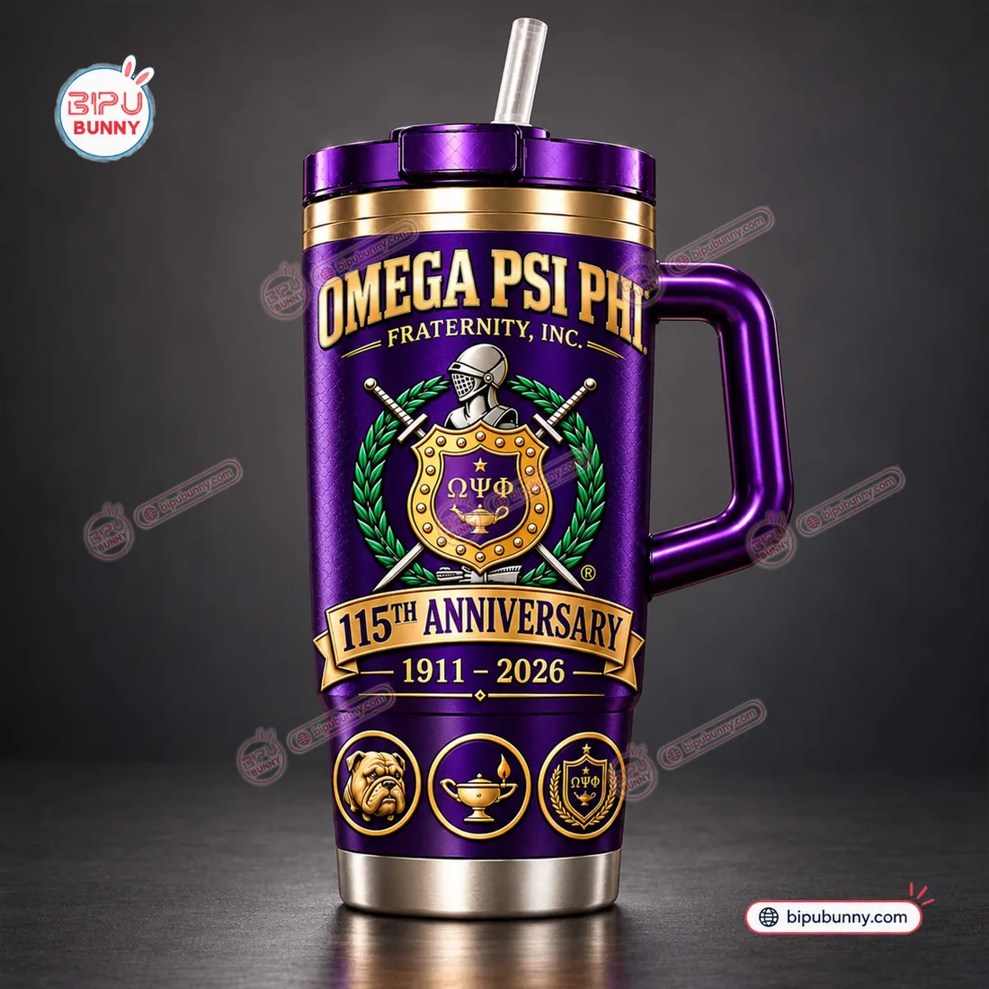 Omega Psi Phi 115th Anniversary Purple Handle Tumbler Omega Psi Phi 115th Anniversary Purple Handle Tumbler