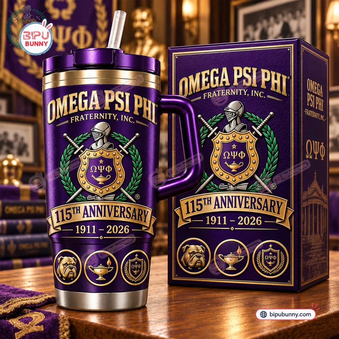 Omega Psi Phi 115th Anniversary Purple Handle Tumbler Omega Psi Phi 115th Anniversary Purple Handle Tumbler