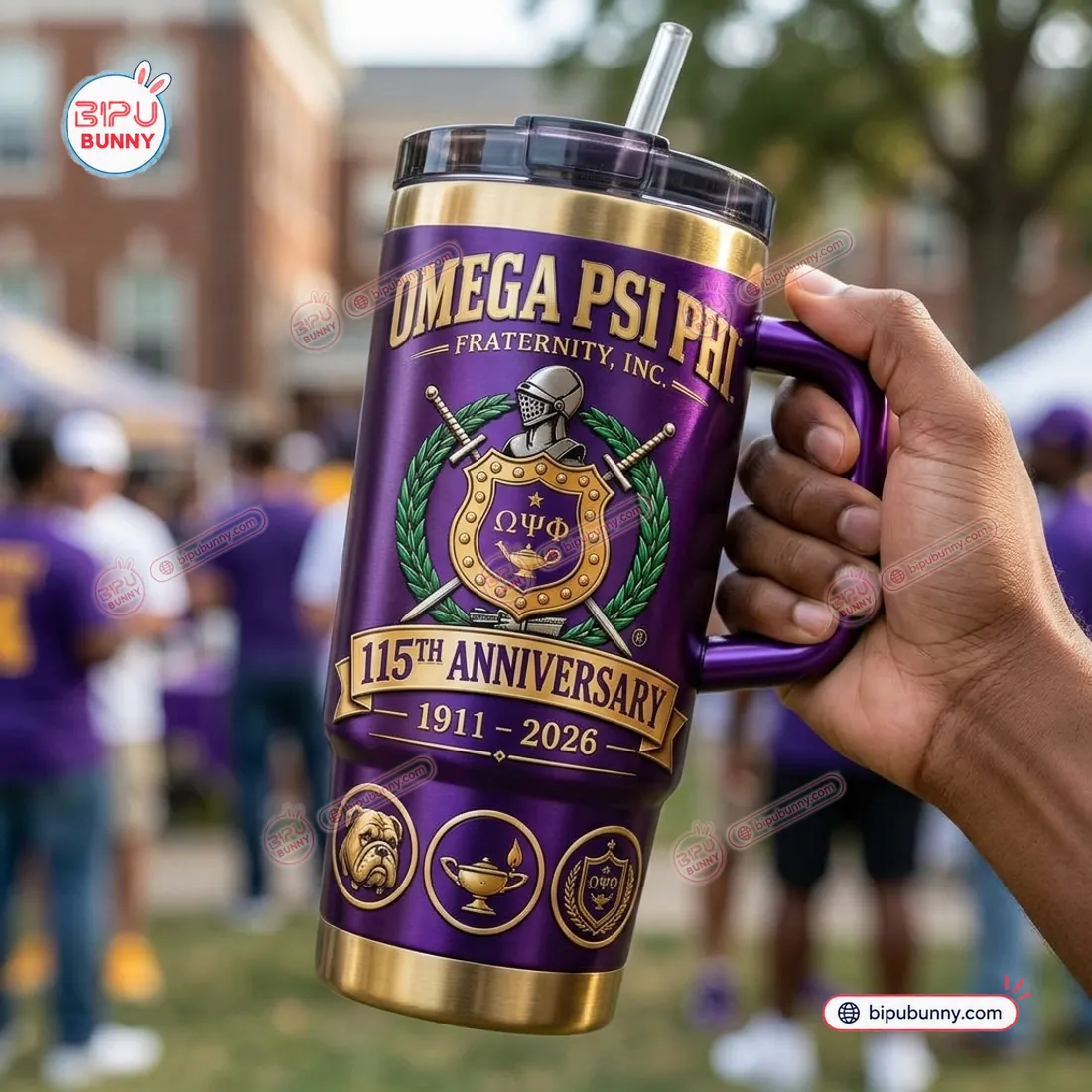 Omega Psi Phi 115th Anniversary Purple Handle Tumbler Omega Psi Phi 115th Anniversary Purple Handle Tumbler