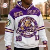 Front view of an Omega Psi Phi Bulldog Purple White Hoodie worn by a person.