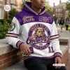 Front view of an Omega Psi Phi Bulldog purple white hoodie worn by a person outdoors.
