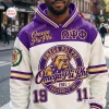 Front view of an Omega Psi Phi Bulldog Purple White Hoodie worn outdoors on a city street.