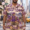 Front view of an Omega Psi Phi Purple Hawaiian Shirt featuring Greek letters, city skyline graphics, and an older man graphic.